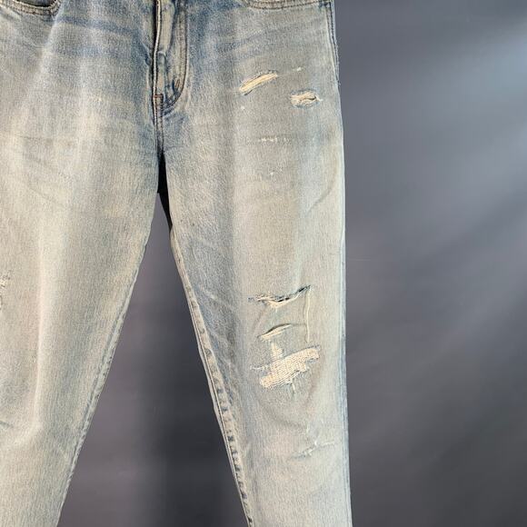 SAINT LAURENT Size 31 Blue Distressed Cotton Tapered Zip Fly Jeans - Picture 2 of 9